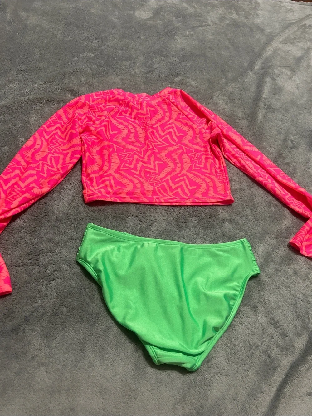 art class Neon Pink Long Sleeve Rash Guard with Lime Green Swim Bottoms